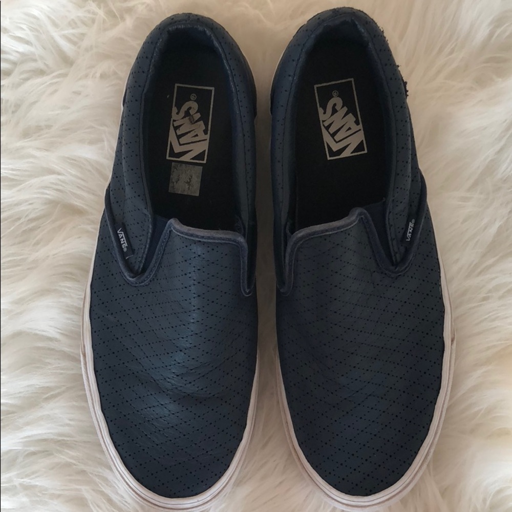 Vans :  Navy Blue leather slip ons